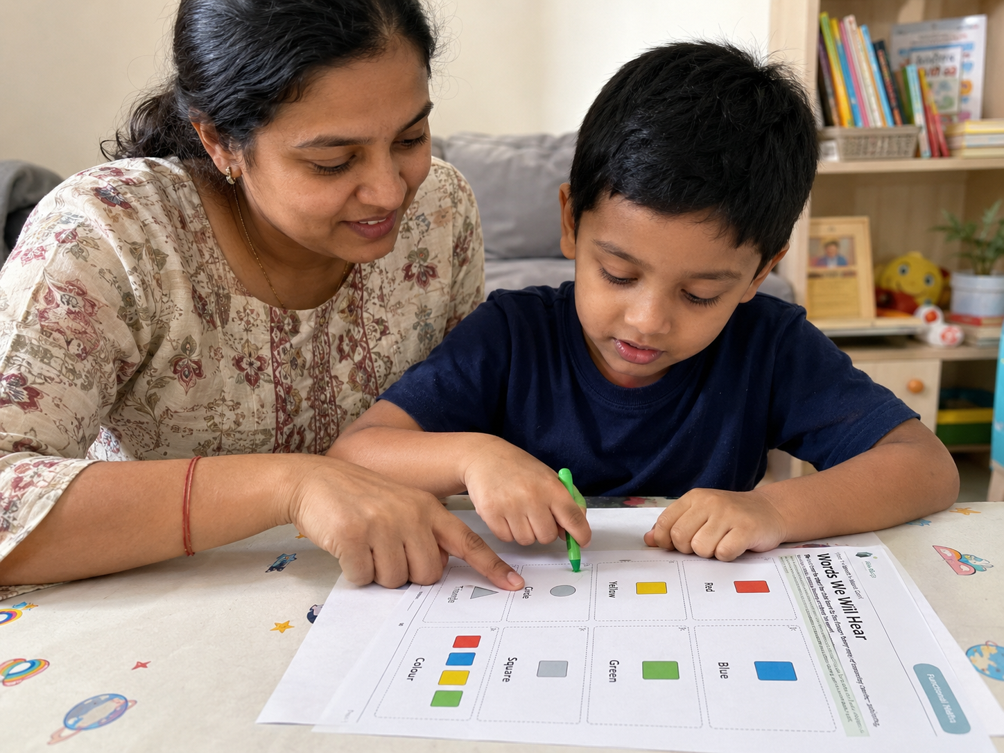 Child with developmental delay working on a simple structured learning activity with adult support