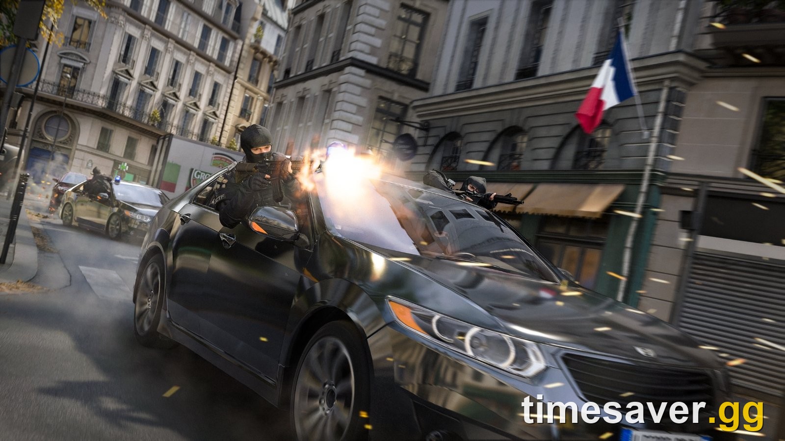 Modern Warfare 4 multiplayer objective firefight — operators trading fire from a moving vehicle in a busy urban map