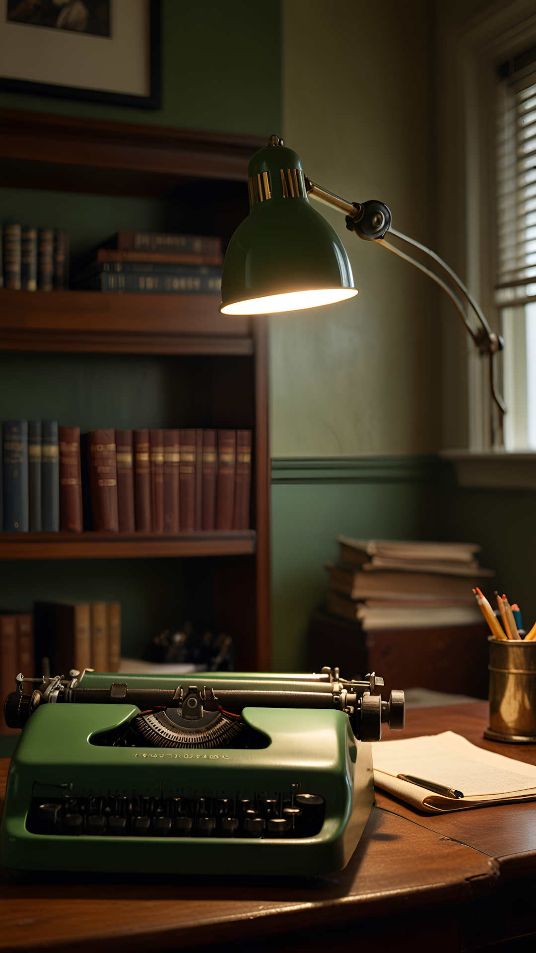 Vintage Green Typewriter on Desk with Banker Lamp Light - Free 4K mobile Wallpaper