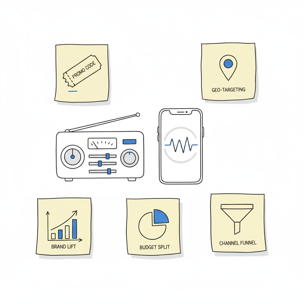 Top-down 2D vector illustration of a radio console and smartphone with streaming waveform surrounded by post-it style campaign sketches; minimal white background. Is radio advertising declining?