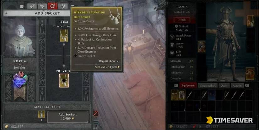Diablo 4 Jeweler add-socket screen — socketing gems into gear, the delivery system for Season 14's multiplicative matched-element gem bonuses