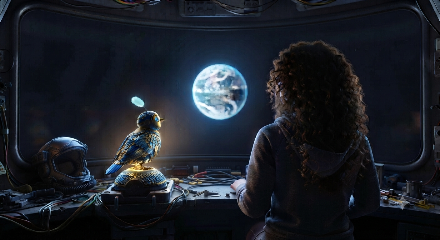Aster and Alphie looking out at Earth