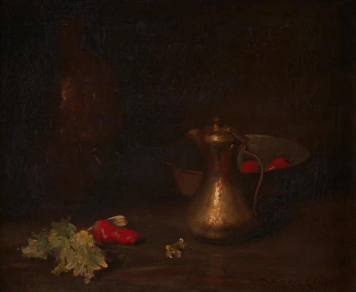 Still Life with Brass Jug Metal Bowl Lettuce and Red Peppers
