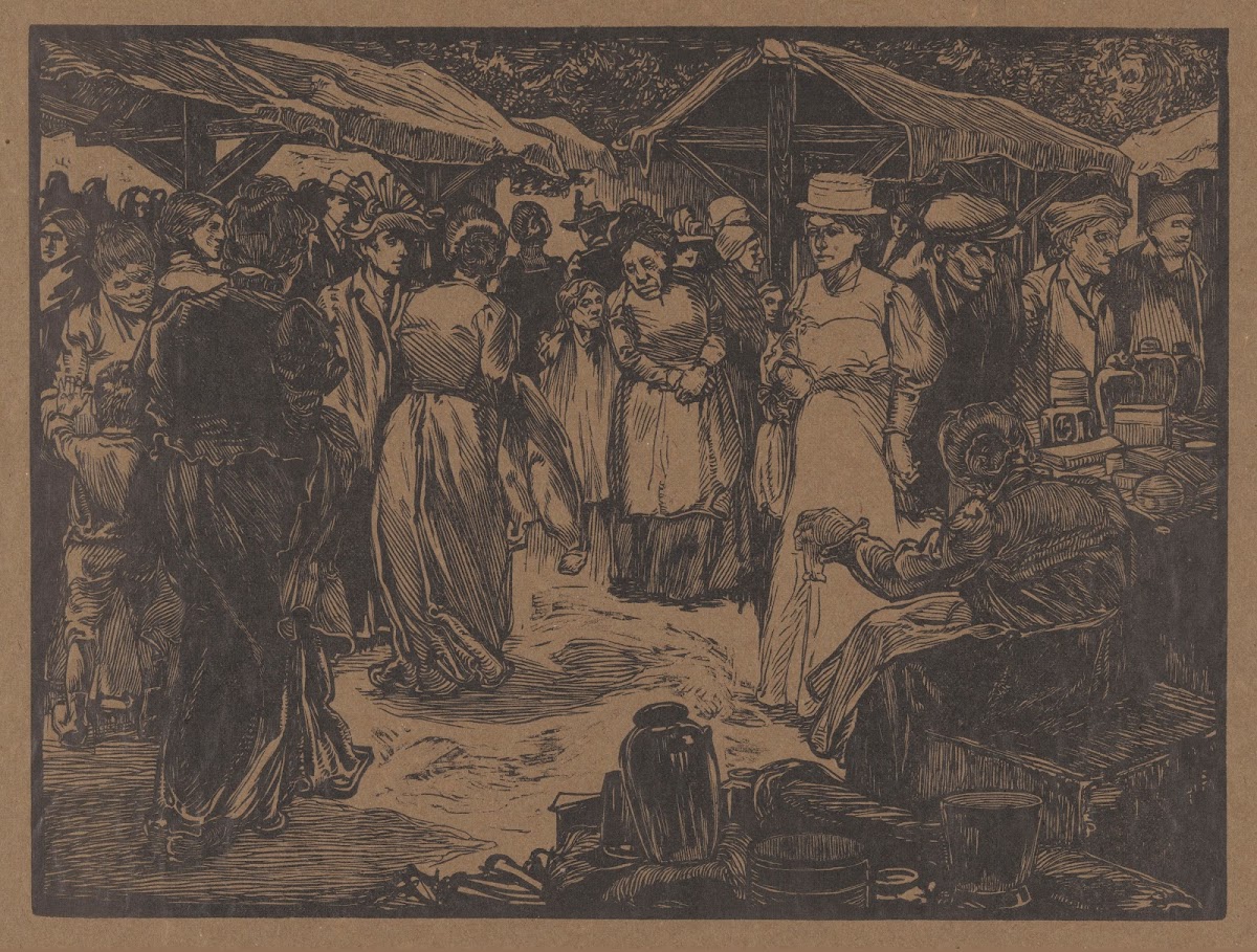 Marktscène met mannen en vrouwen