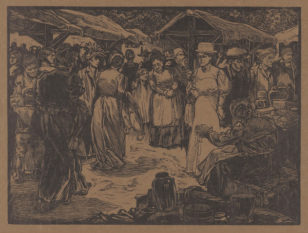 Marktscène met mannen en vrouwen