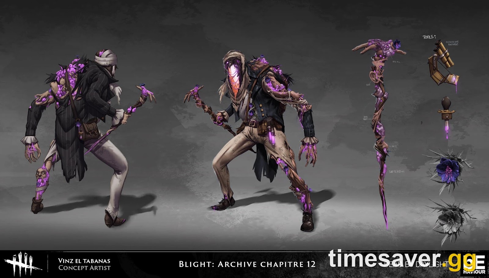 Dead by Daylight Archive Chapitre 12 concept sheet for a purple Blighted Blight outfit, showing two poses plus detail studies of the crystalline staff head