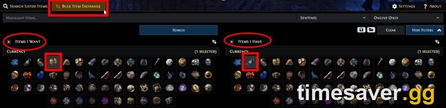 PoE Bulk Item Exchange showing Items I Want and Items I Have currency panels