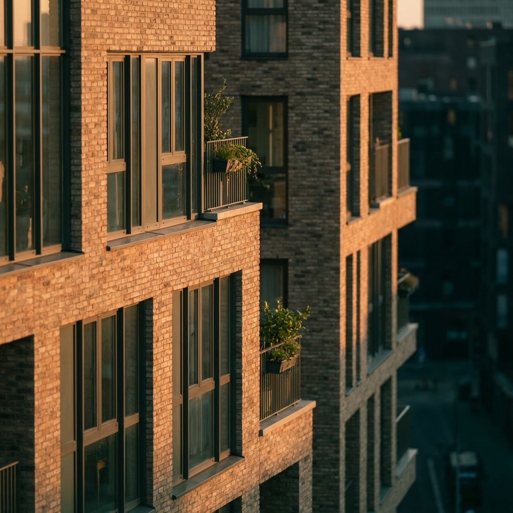 Apartment exterior close up at golden hour showing brick facades and windows with subtle warm highlights e6bb5b and green cast 4aa568 how do rich people earn passive income