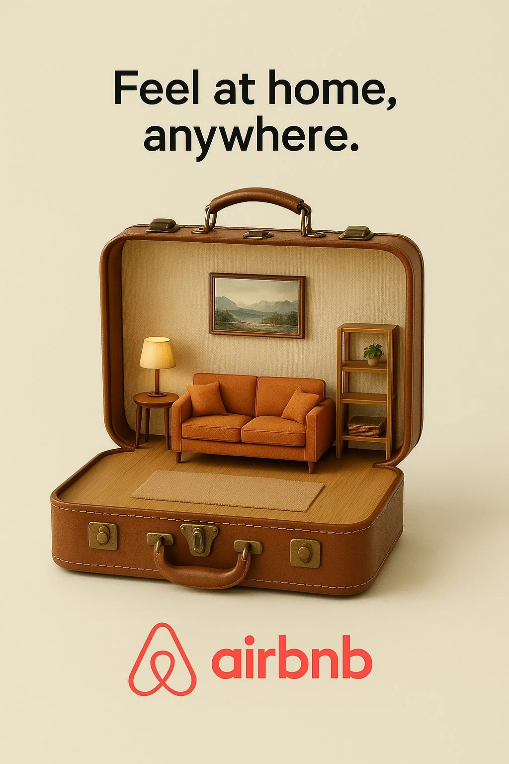 Crea un anuncio creativo para Airbnb con una maleta que se transforma en una casa de muñecas.