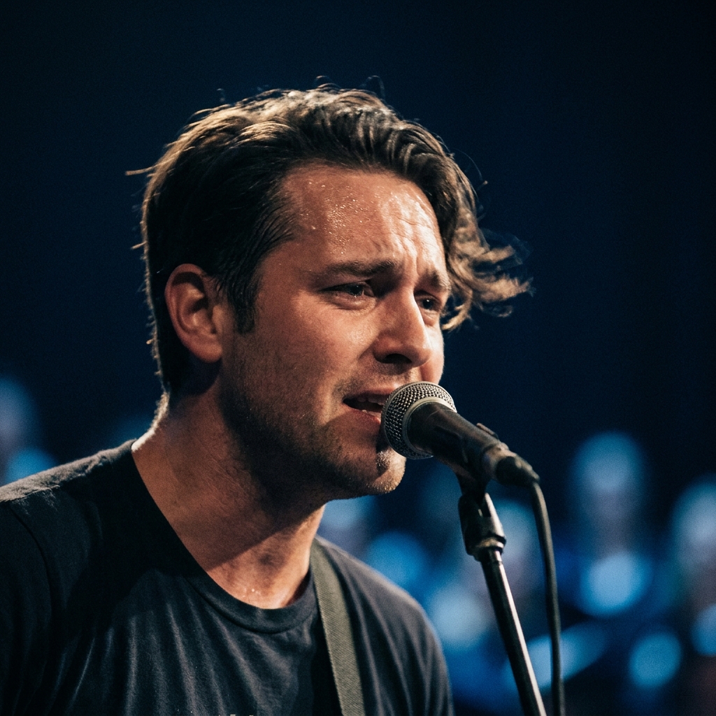 Close up editorial portrait of Jamal Roberts performing during the finale with warm gold rim light against deep navy background full frame image emphasizing emotion and american idol odds
