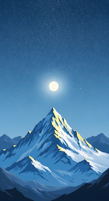 Starry Night Mountain Peak with Full Moon Illustration - Free mobile Wallpaper