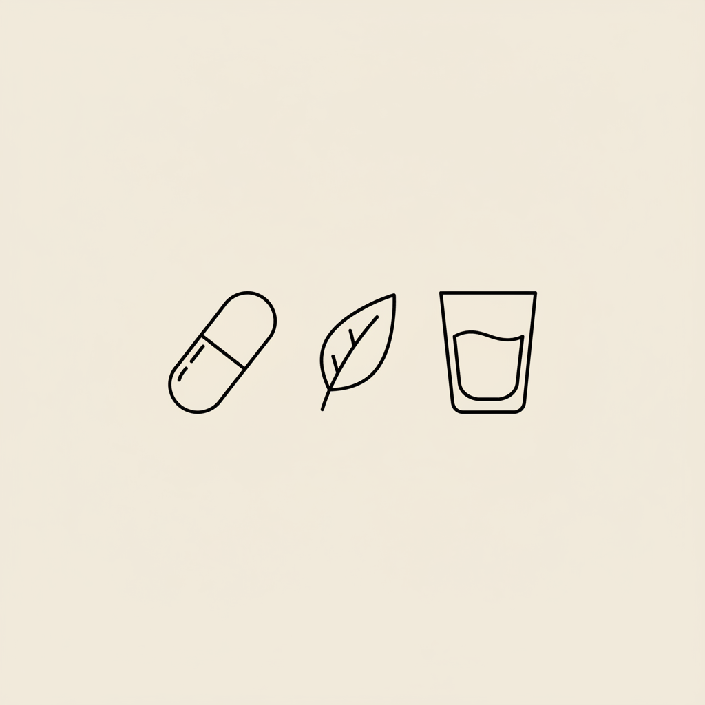 Minimalist vector line illustration of a capsule, small leaf, and glass of water on a beige background, referencing estroven side effects in a calm Tonum health style.