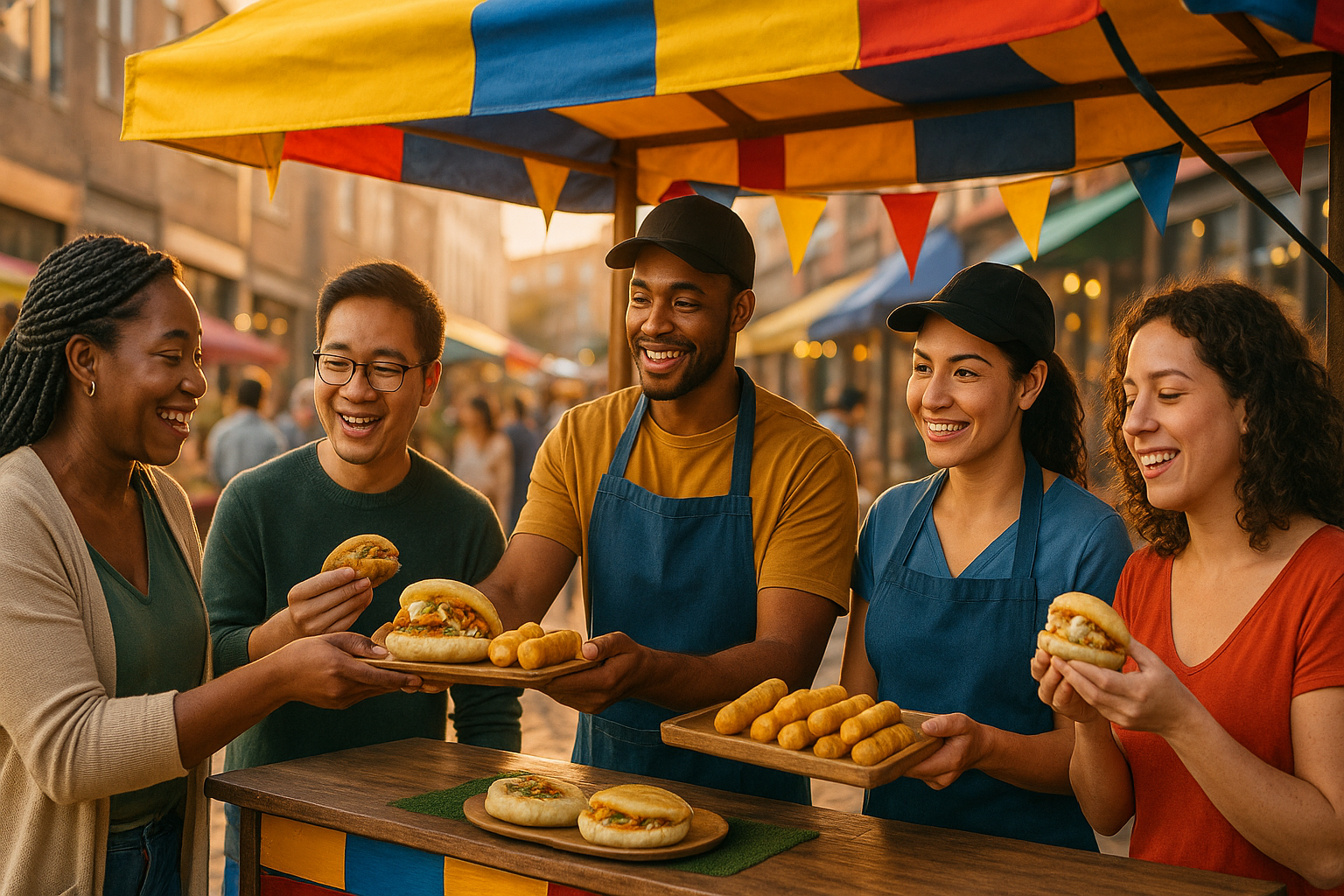Emprendedores venezolanos abriendo un puesto de comida en una ciudad global