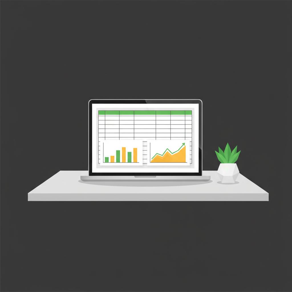 Minimalist 2D vector desktop with laptop showing simple spreadsheet and savings charts in brand colors 4aa568 and e6bb5b 3 5 7 rule in day trading
