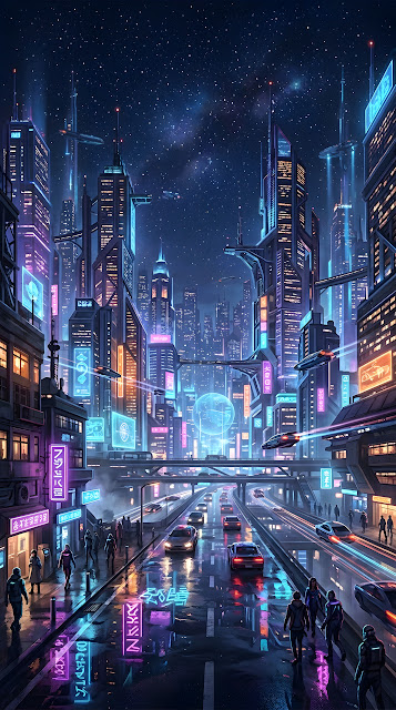 Futuristic Digital Cityscape at Night with Glowing Skyscrapers and Stars - Free mobile Wallpaper