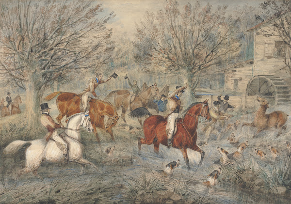 Stag Hunting The Hind at Bay In a Mill Stream Below a Water Mill Right
