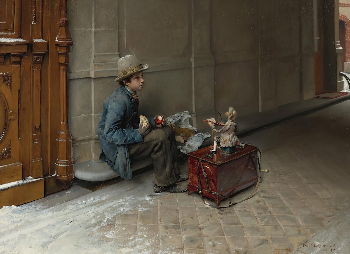The petit savoyard eating in front of an entrance to a house 1877