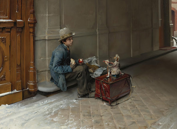 The petit savoyard eating in front of an entrance to a house 1877