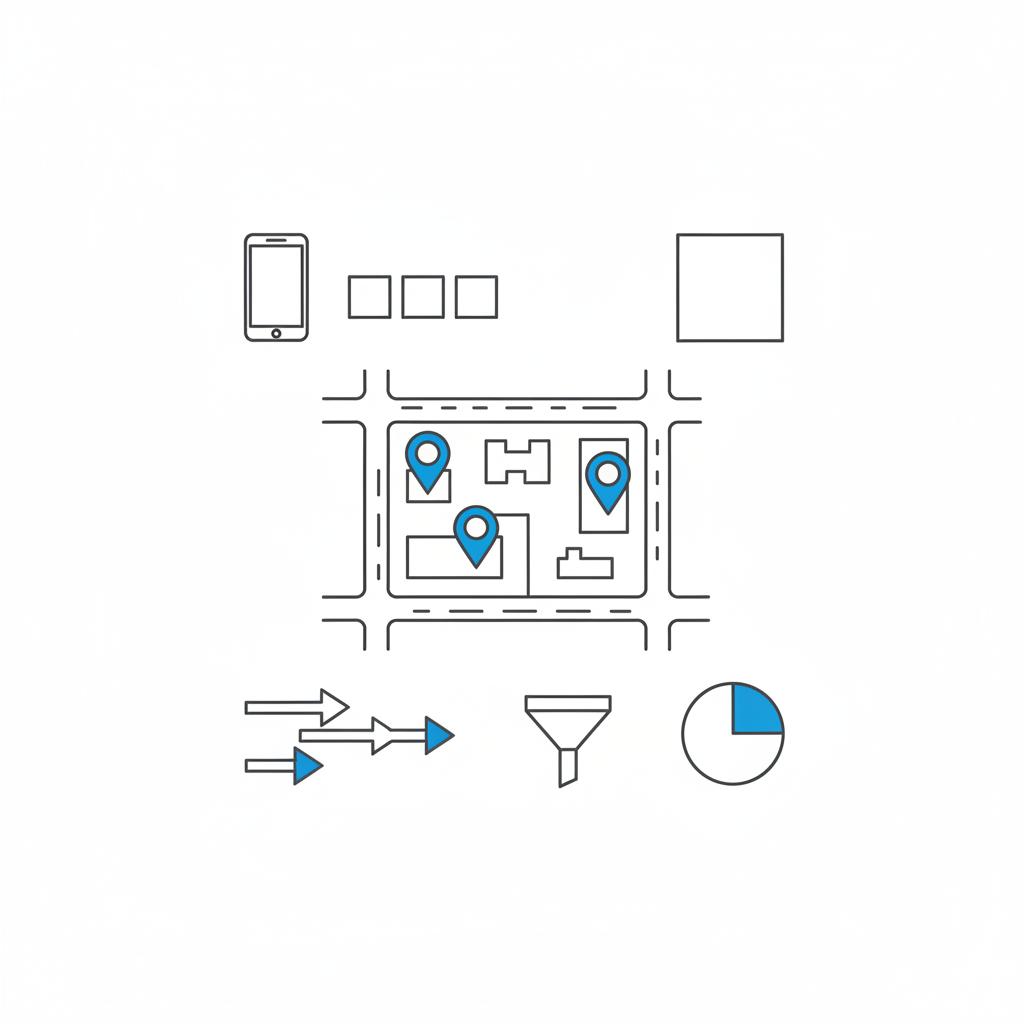Vector notebook-style blueprint of a neighborhood block with listing pins and ad-creative thumbnails illustrating real estate Instagram marketing strategy