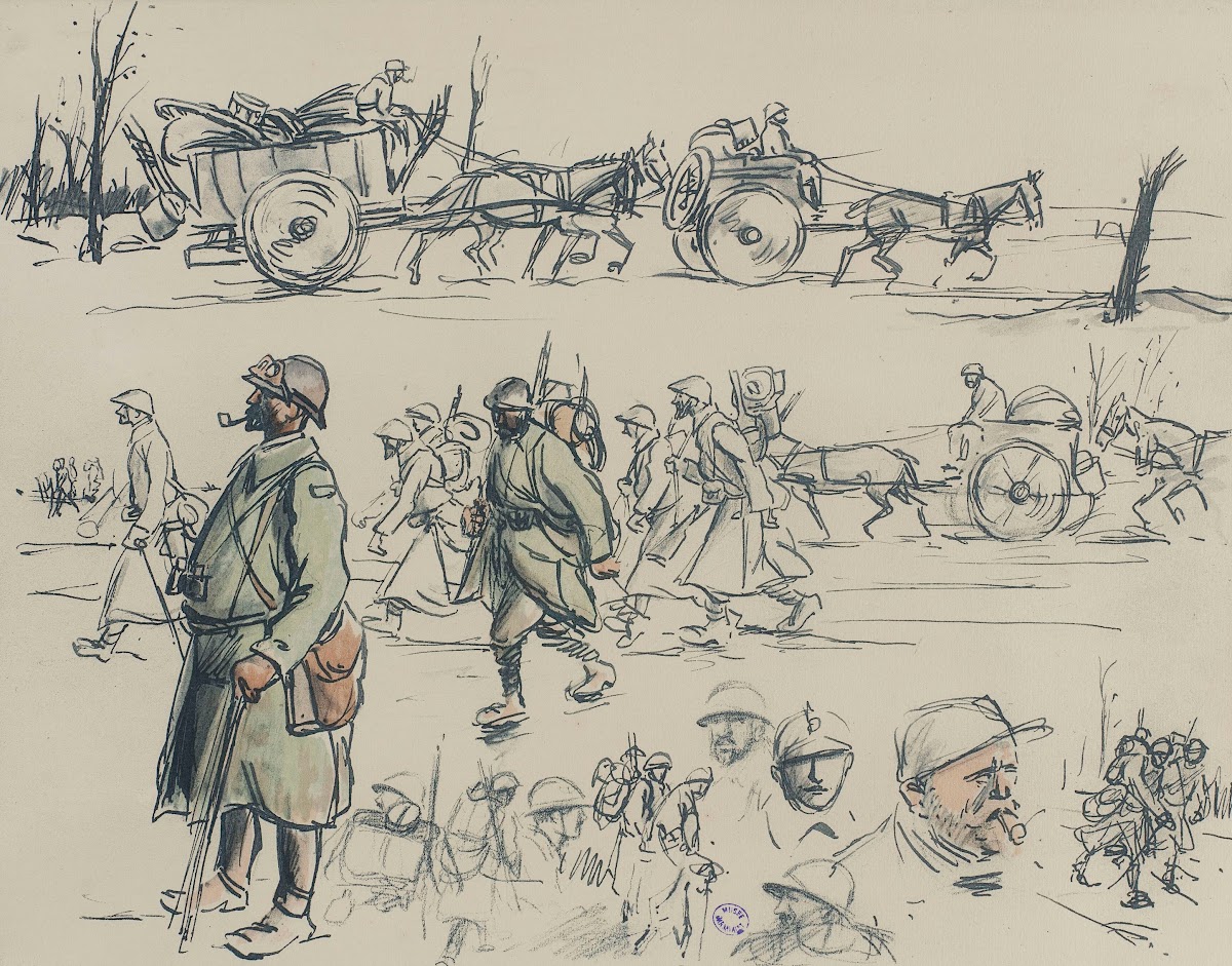 Croquis de soldats et dattelages sur trois registres 1915 1916