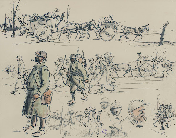 Croquis de soldats et dattelages sur trois registres 1915 1916