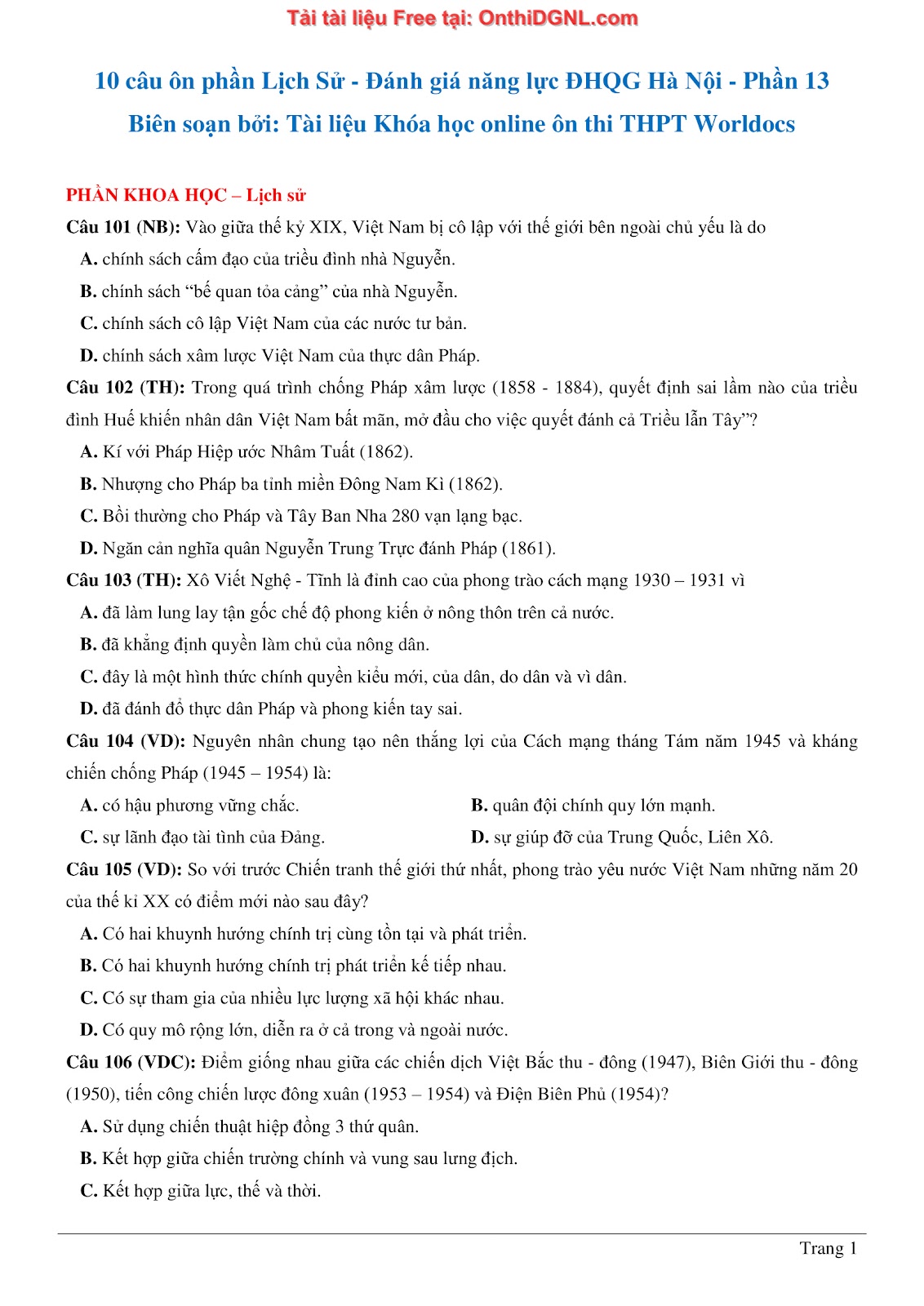 150 bài tập môn Sủ- Ôn thi ĐGNL ĐHQG HN Phần 13