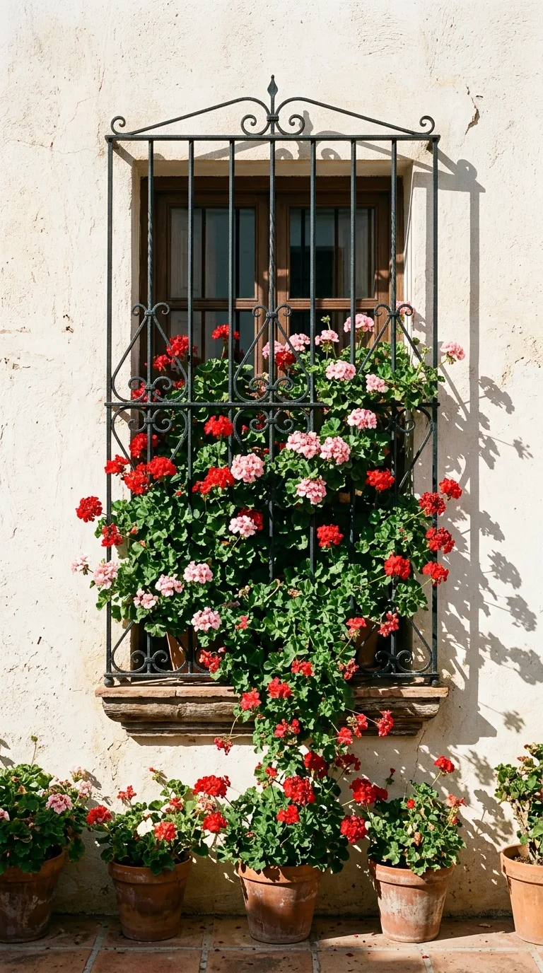 Vibrant Red Geraniums in Window on White Plaster Wall - Free 4K mobile Wallpaper