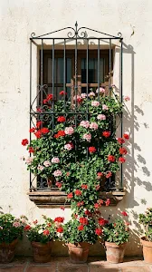 Vibrant Red Geraniums in Window on White Plaster Wall