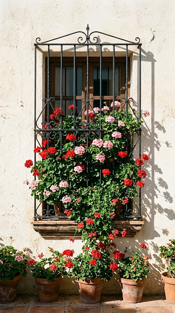 Vibrant Red Geraniums in Window on White Plaster Wall - Free mobile Wallpaper