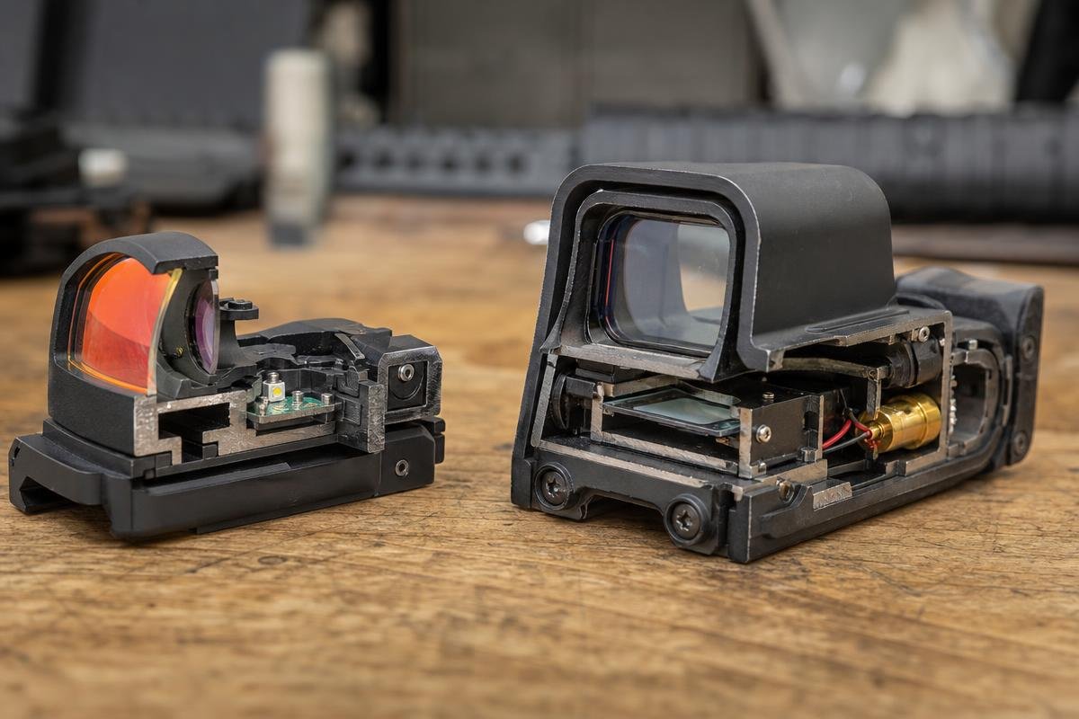 Red dot sight vs holographic sight internal diagram for AR-15 backup sights
