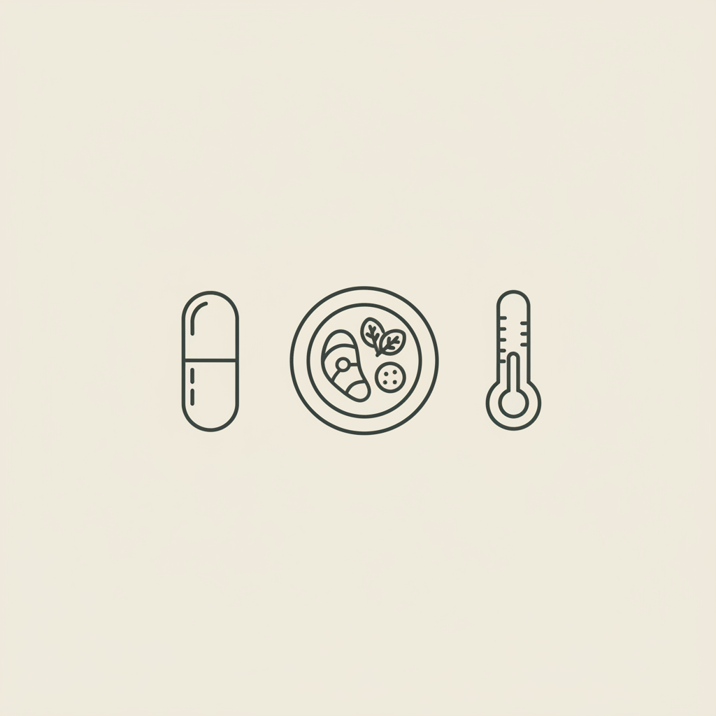 Minimalist line illustration of a capsule, balanced plate (protein, vegetables, small carbs) and thermometer on beige background illustrating signs of fast metabolism