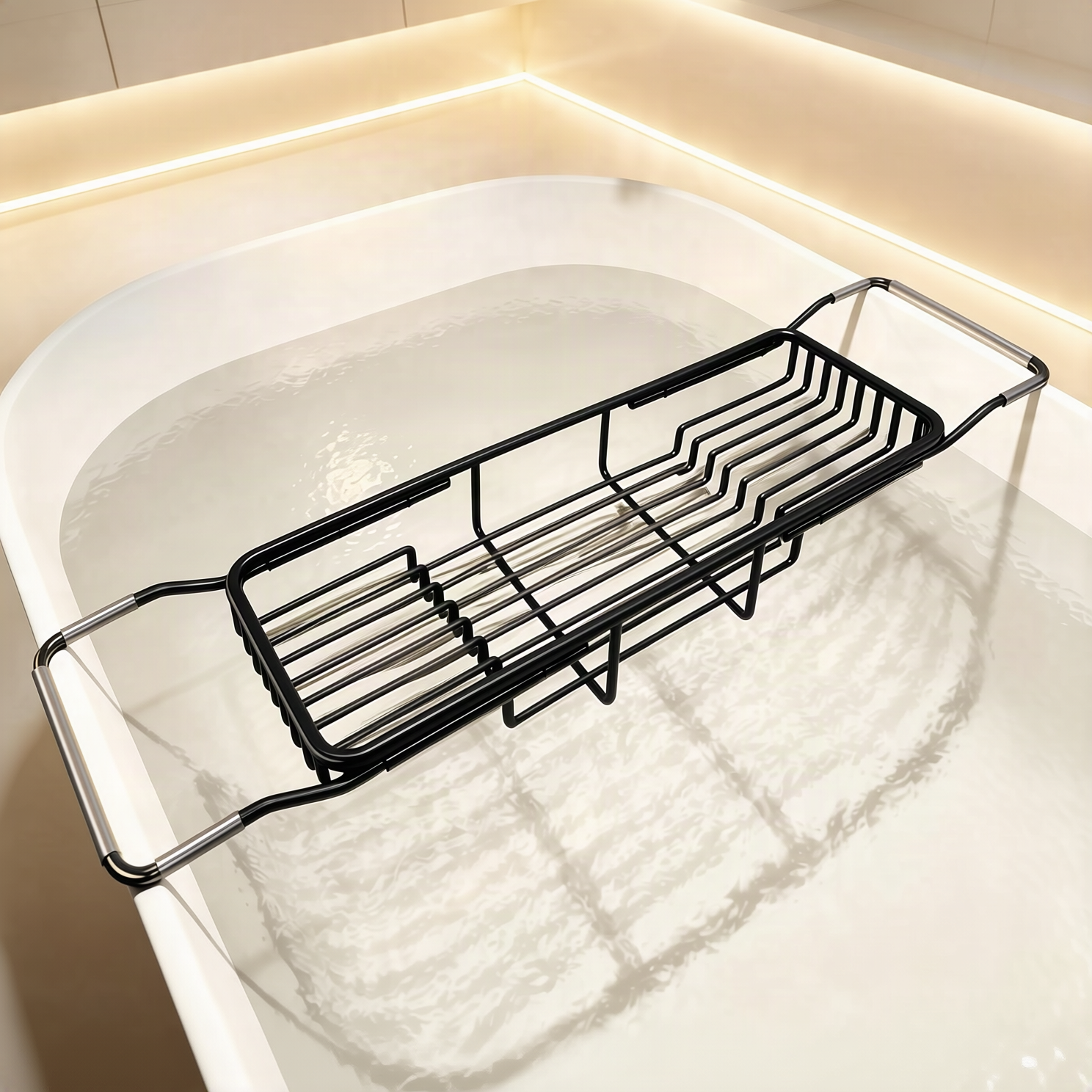 Retractable stainless steel bathtub shelf