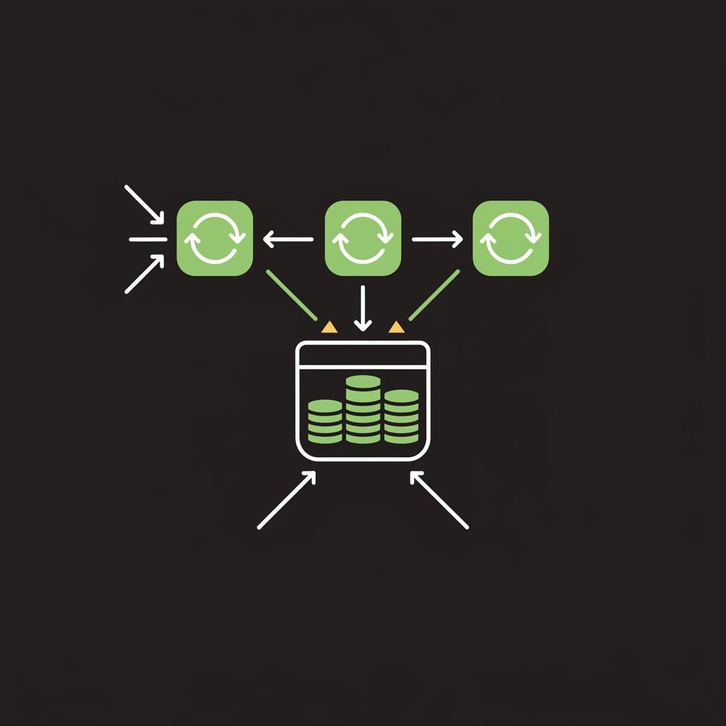 Minimalist 2D vector diagram of coins market flows showing green inflow arrows and white outflow arrows linking exchange nodes and a stacked coins accumulation pool on dark background