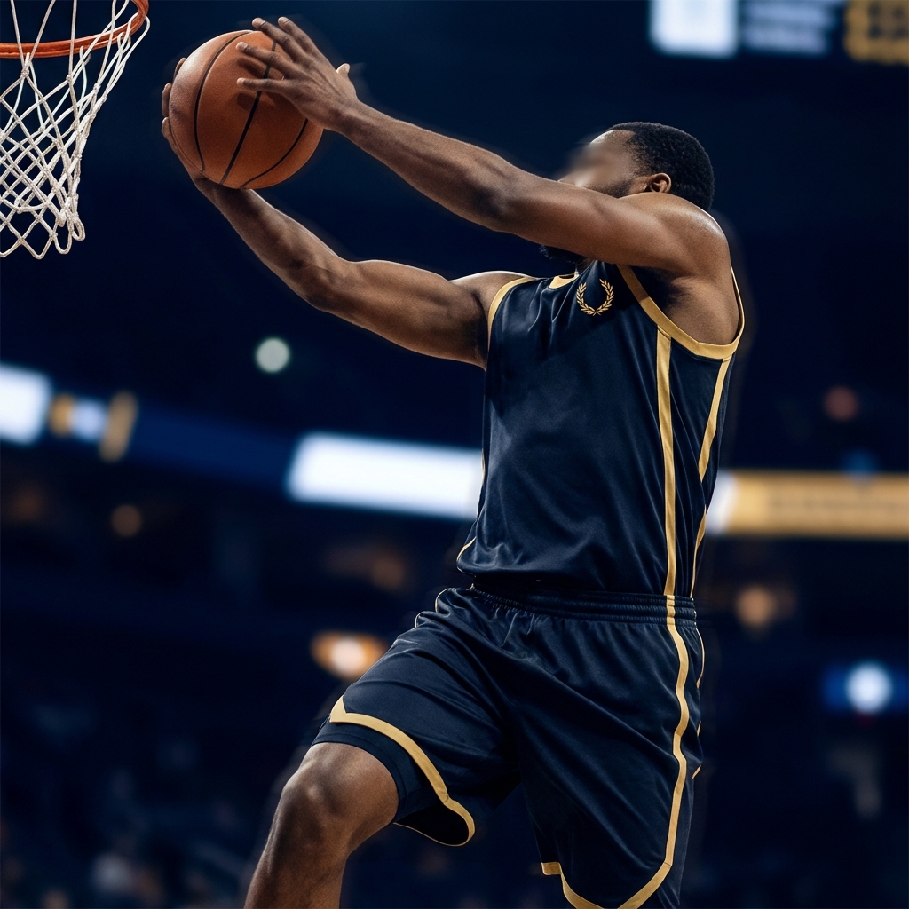 Close up of a non identifiable basketball player attacking the rim with a minimalist gold laurel badge in Funded Plays colors jaylen brown props