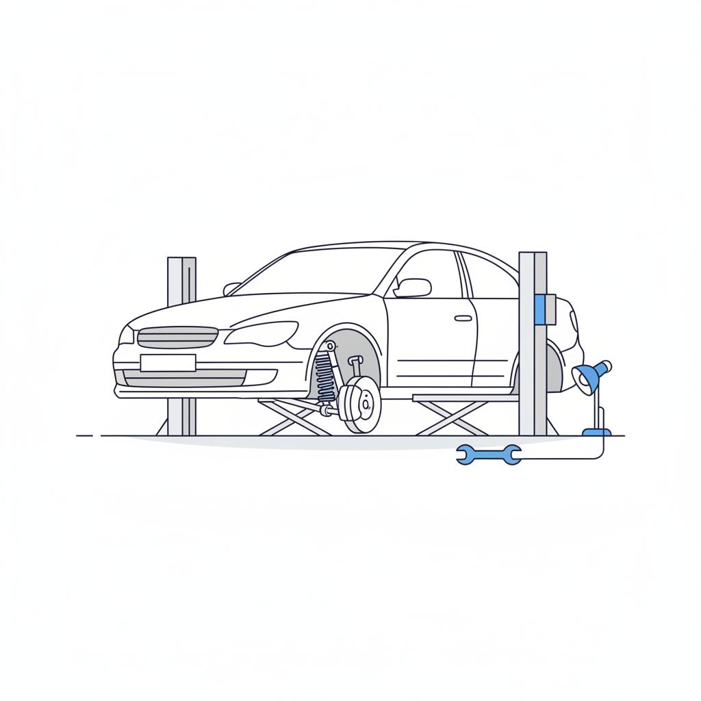 What is a red flag when buying a used car A minimalist 2D vector showing a car lifted in a clean garage with exposed wheel and suspension and a single blue tool nearby
