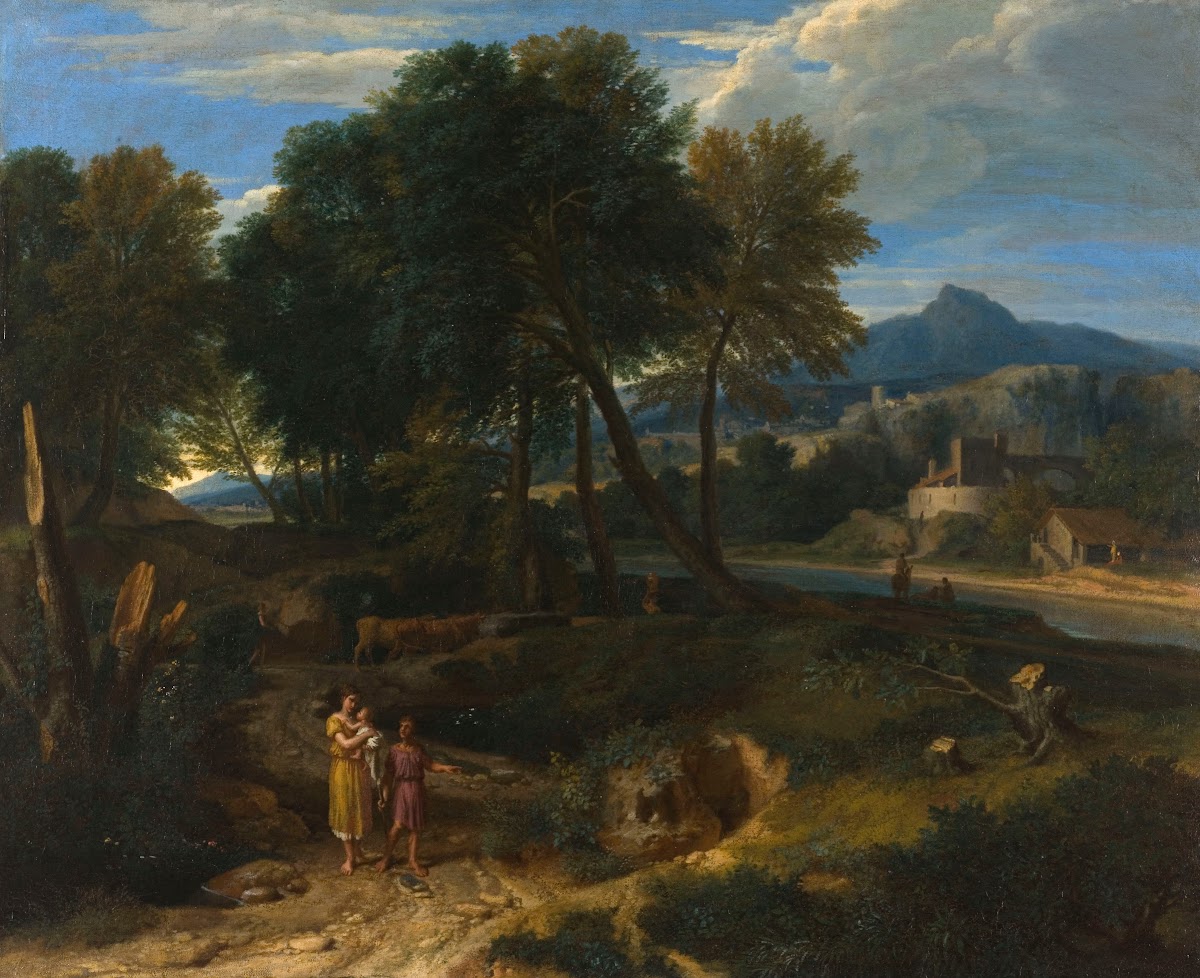 Pastorale avec un jeune pâtre et une femme avec un enfant dans les bras