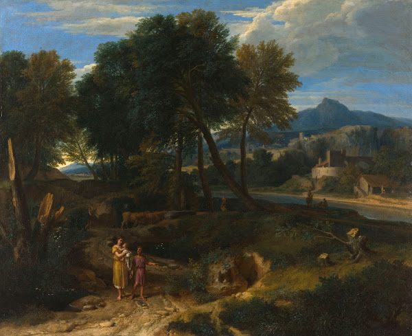 Pastorale avec un jeune pâtre et une femme avec un enfant dans les bras