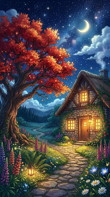 Stone Cottage Under a Radiant Red Autumn Tree at Night - Free mobile Wallpaper