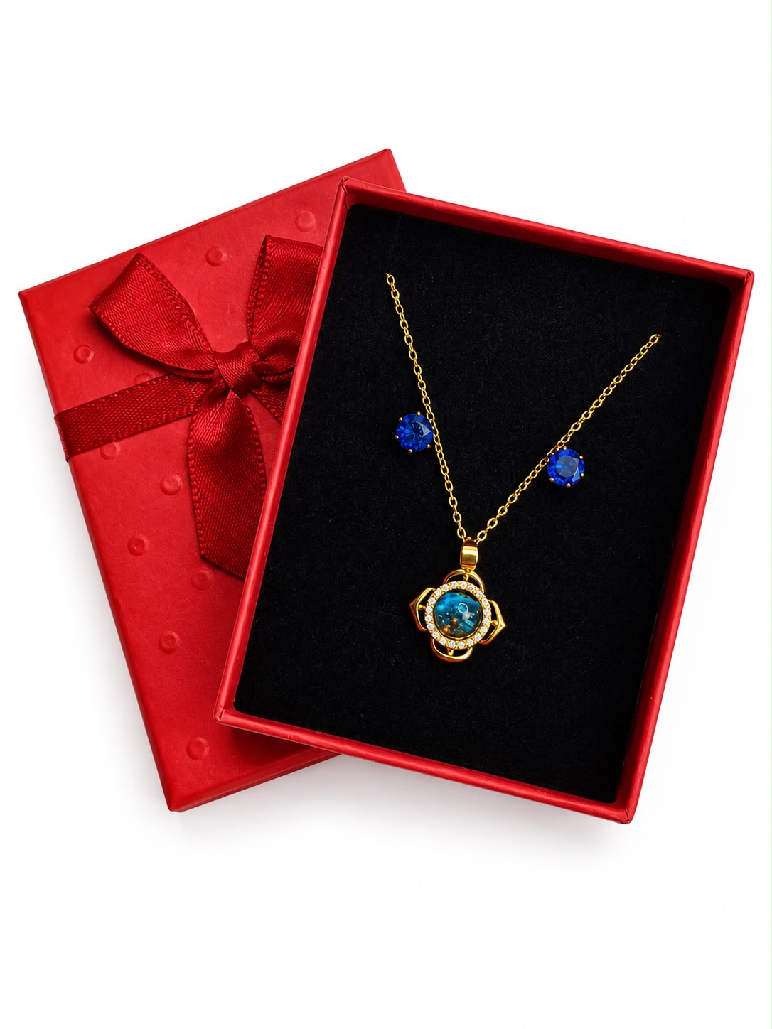 Set De Collar Con Dije Floral Cristal Azul Y Aretes