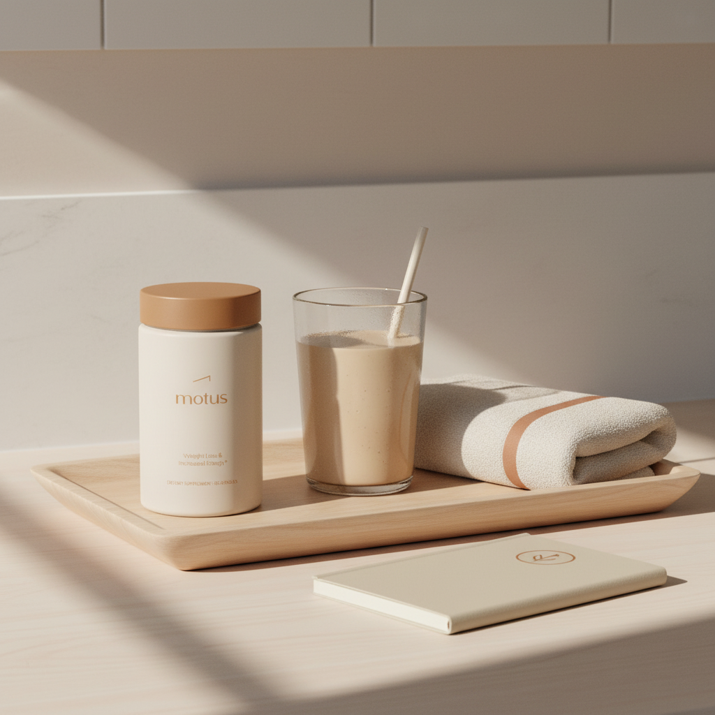 Minimal kitchen scene with Motus jar and prepared protein shake, suggesting the best drink to burn fat as part of a daily weight-loss routine.