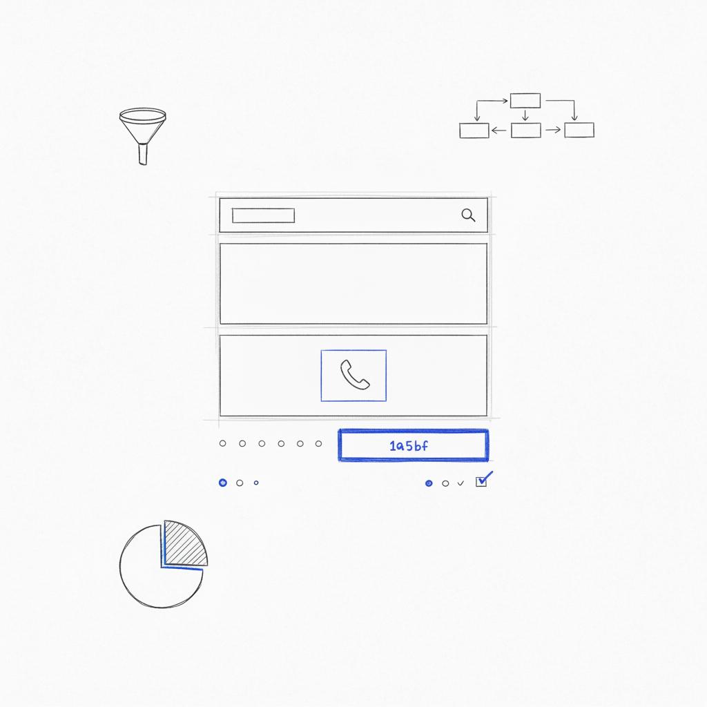 Top-down sketch of a PPC landing-page wireframe on white notebook paper highlighting phone block, single CTA and micro-conversion markers in Agency Visible accent color #1a5bfb