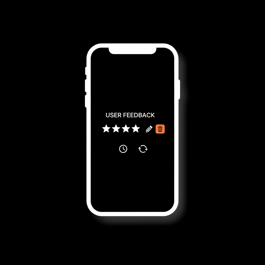 Flat vector smartphone UI showing review stars, edit and delete icons, a small clock and cache symbol on black background — delete my review online