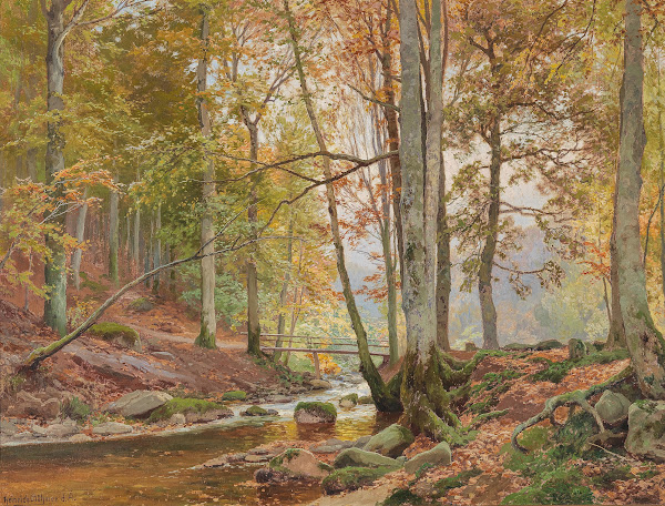 Autumn Woodland with Bridge over a Stream