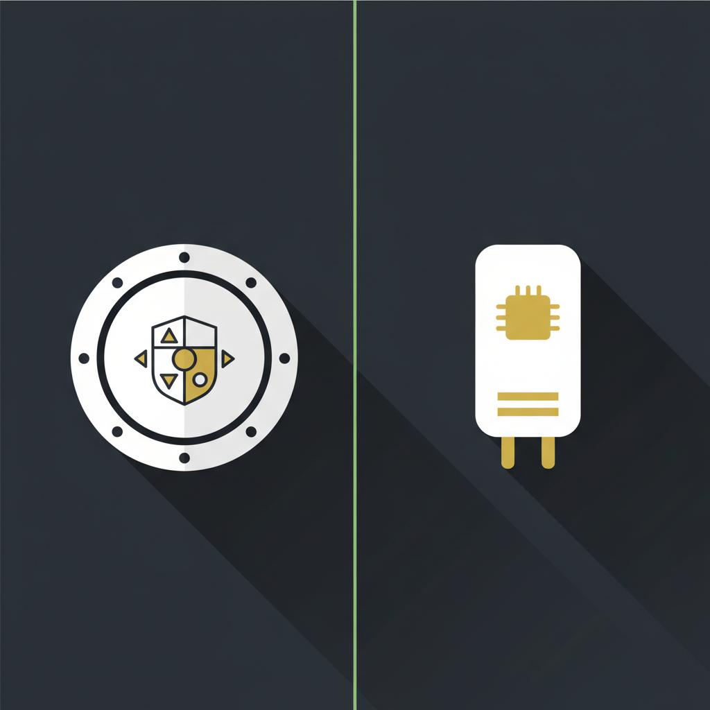 Minimalist 2D vector showing institutional vault and hardware wallet side by side for fidelity crypto trading comparison on dark background 0f0f0f