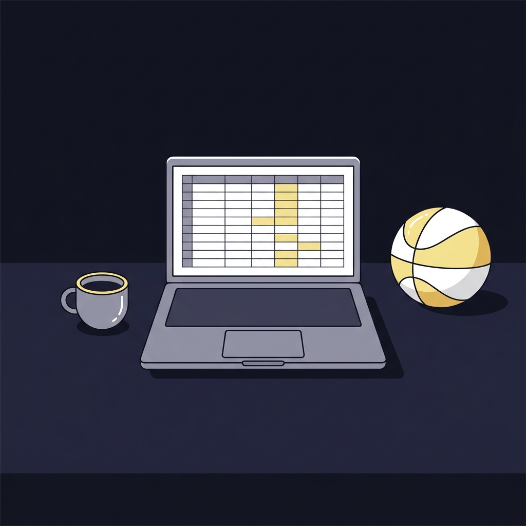 Minimal flat vector workspace with laptop showing a highlighted bet log spreadsheet coffee cup and basketball conveying disciplined analysis for how to bet on a basketball game