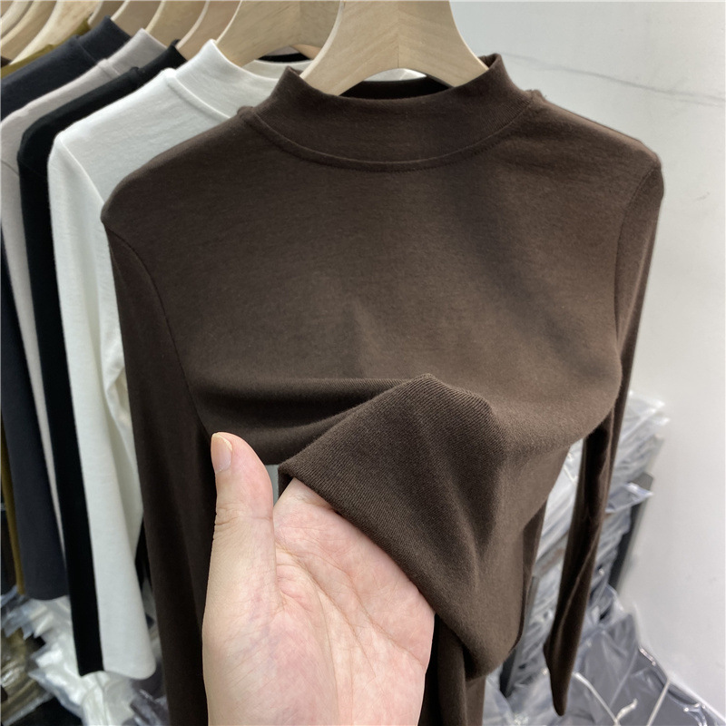Women's long-sleeve shirt with stand-up collar and brushed inner side