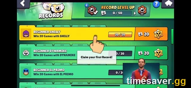 Brawl Stars Records screen prompting the player to claim a completed record milestone and its reward