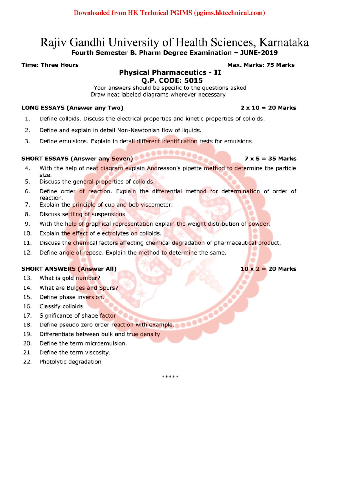 Physical pharmaceutics-II RGUHS 4th Semester B.Pharmacy Previous Year's Question Paper,BP403T Physical Pharmaceutics II,BPharmacy,Previous Year's Question Papers,BPharm 4th Semester,