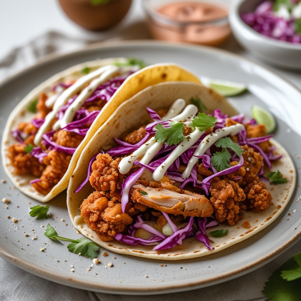 Final Double-Fried Korean Chicken Tacos with Gochujang Slaw & Sesame Crema