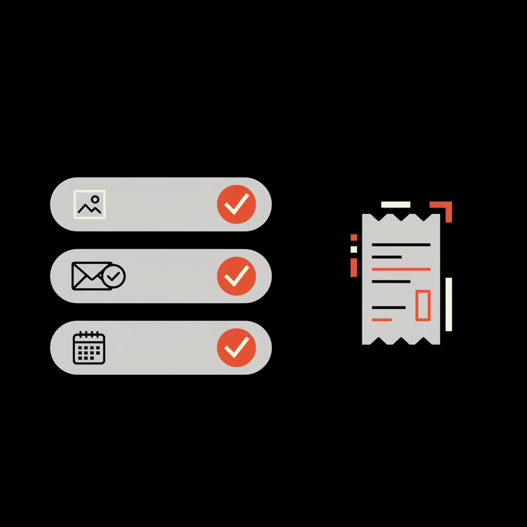 Minimal 2D vector checklist infographic showing icons for profile photo, verified email, and active subscription receipt with ticks on dark background — How to activate blue checkmark on Twitter?